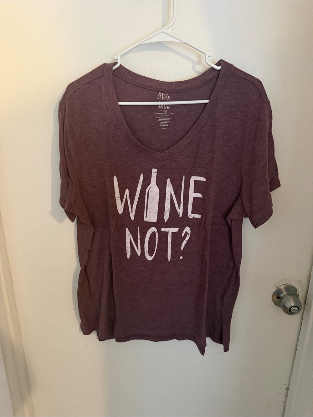 State of Mind Plum V-Neck Tee with "WINE NOT?" Print